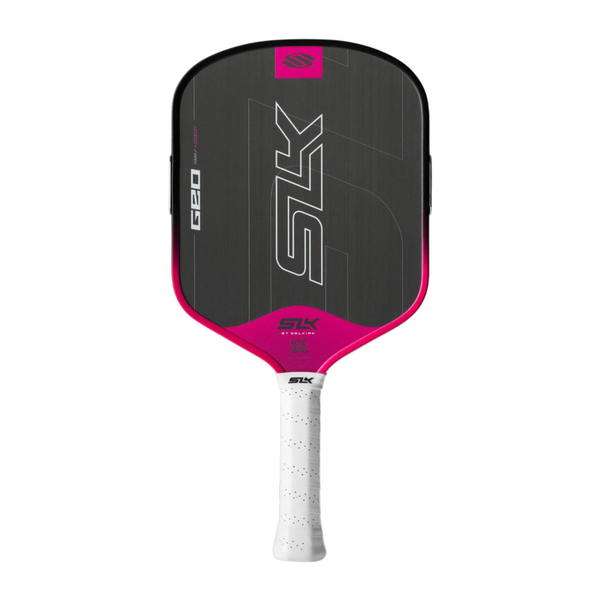 Selkirk SLK Geo pickleball paddle with a textured face, streamlined shape, and perforated grip handle.