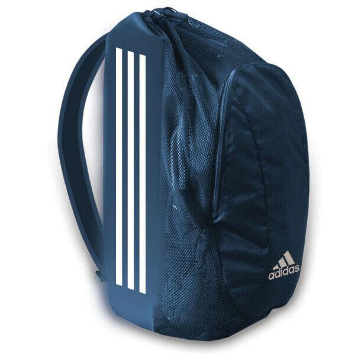 Navy blue Adidas drawstring backpack with white three-stripe design, shown from a side angle on a white background.