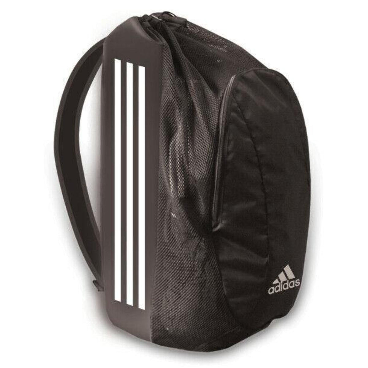 Black Adidas drawstring backpack with white three-stripe design, shown from a side angle on a white background.