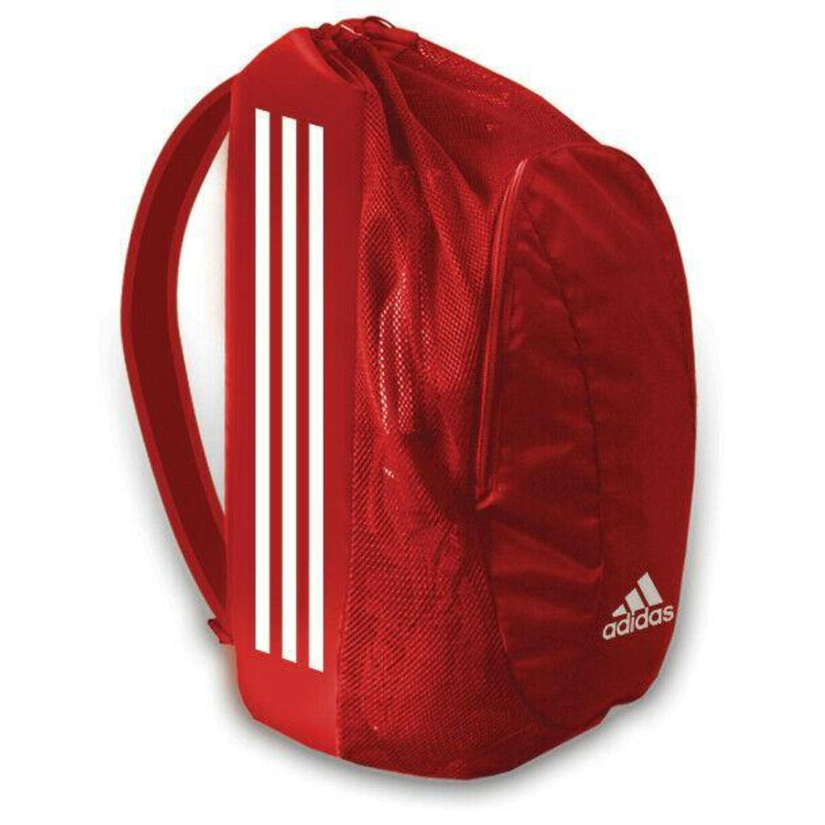 Red Adidas drawstring backpack with white three-stripe design, shown from a side angle on a white background.