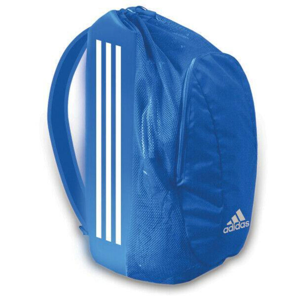 Royal Blue Adidas drawstring backpack with white three-stripe design, shown from a side angle on a white background.