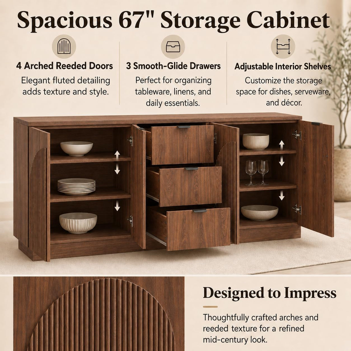 Walnut-Finish Sideboard Buffet with 4 Arched Reeded Doors and 3 Drawers - View 5