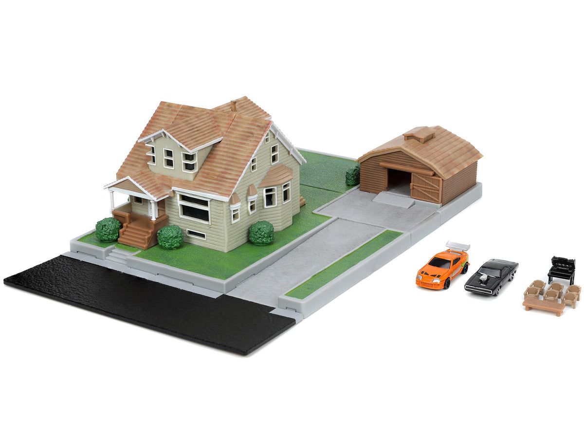 Toretto House Diorama with Dodge Charger Black and Toyota Supra Orange with Graphics "Fast and Furious" "Nano - View 2