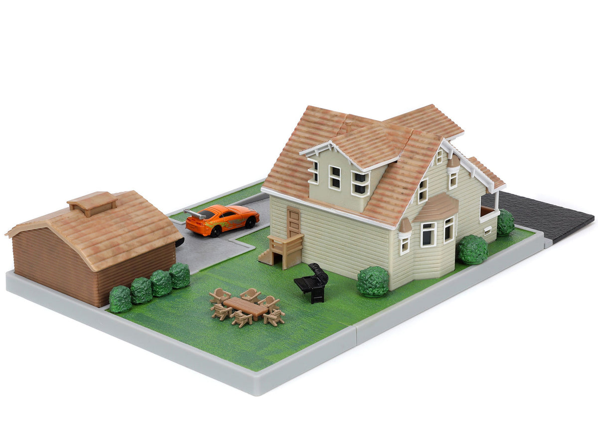 Toretto House Diorama with Dodge Charger Black and Toyota Supra Orange with Graphics "Fast and Furious" "Nano - View 4