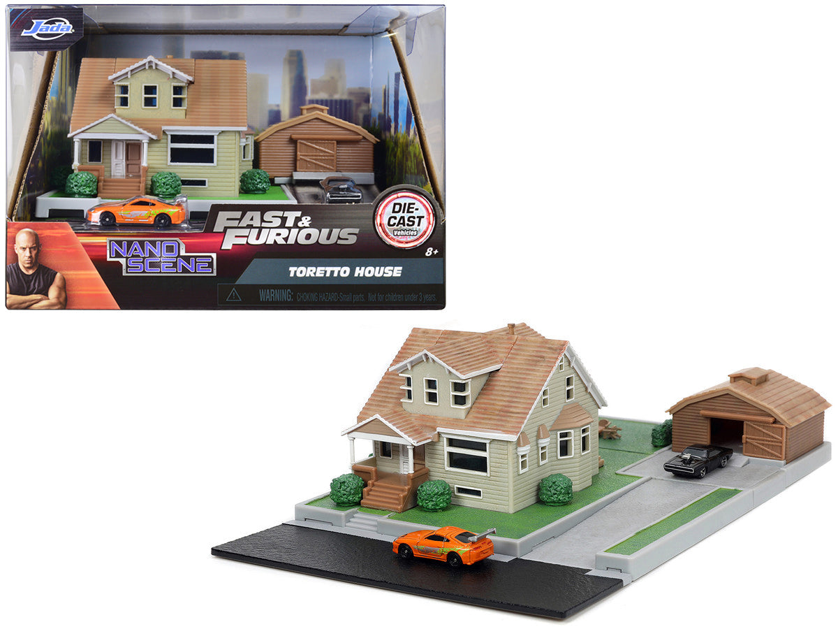 Toretto House Diorama with Dodge Charger Black and Toyota Supra Orange with Graphics "Fast and Furious" "Nano Scene"