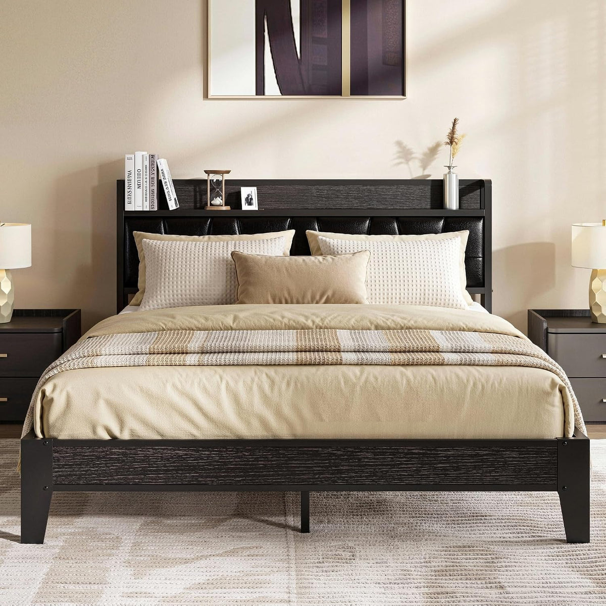 Upholstered Platform Bed with Storage Headboard and Charging - View 32