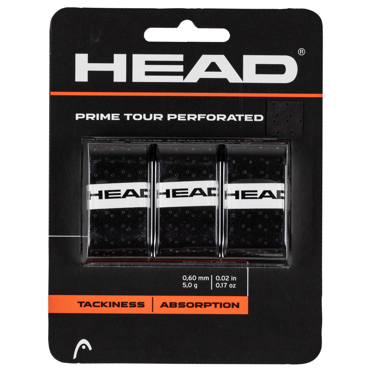 HEAD Prime Tour Perforated Tennis Overgrip, 3 Pack in Black - front view