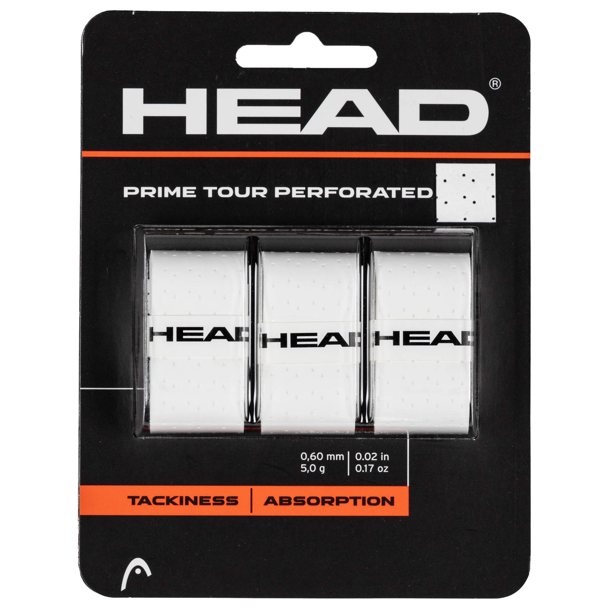 HEAD Prime Tour Perforated Tennis Overgrip, 3 Pack in White - front view
