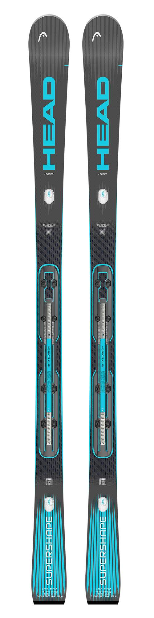 HEAD Supershape e-Speed Skis with Protector EVO PR 13 GW Bindings in Black - flat top view