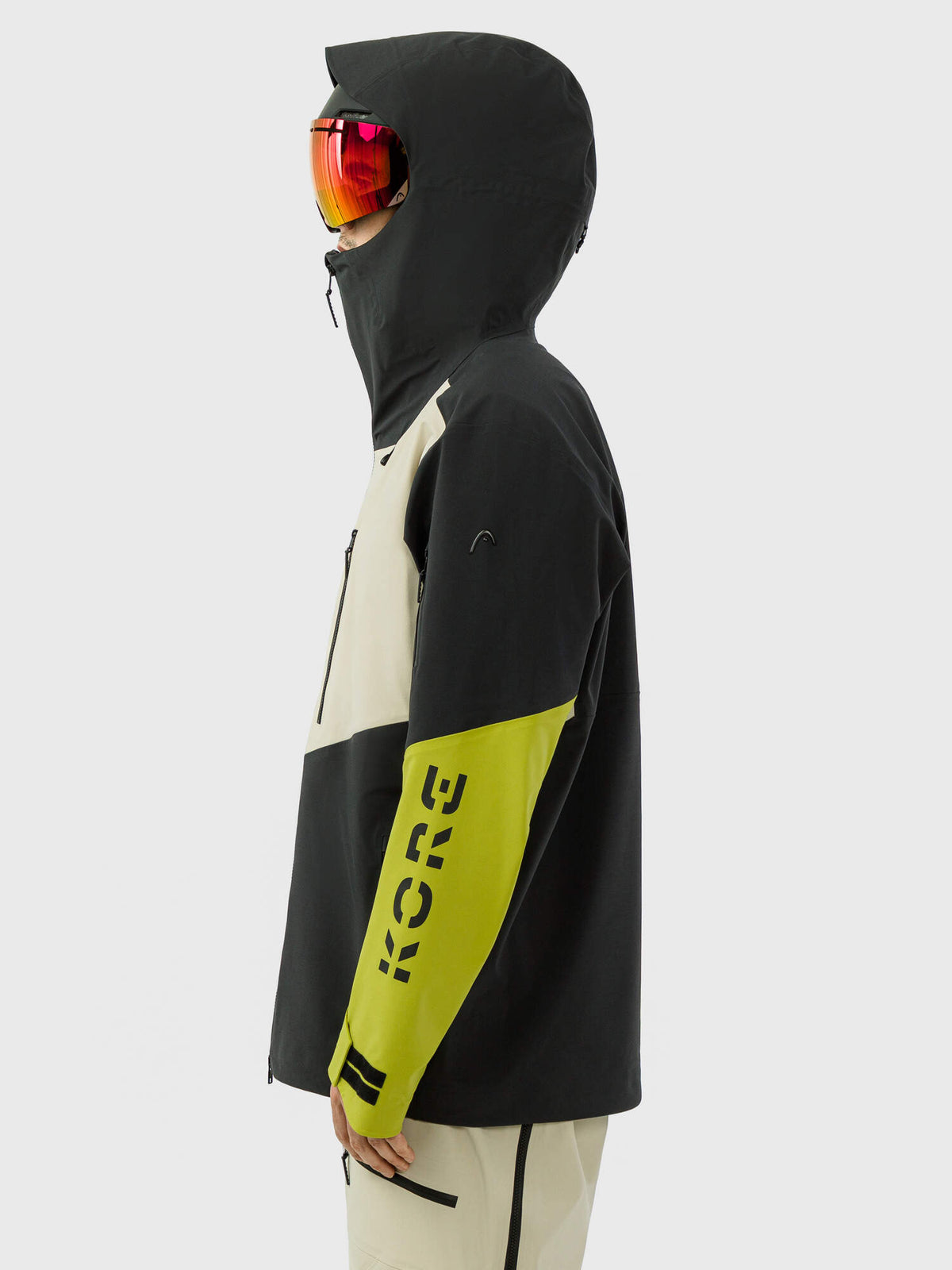 HEAD KORE Freeride Ski Jacket Mens in Black/Marsh Green - hood up side view