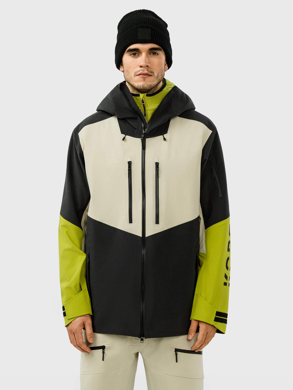 HEAD KORE Freeride Ski Jacket Mens in Black/Marsh Green - front view on model