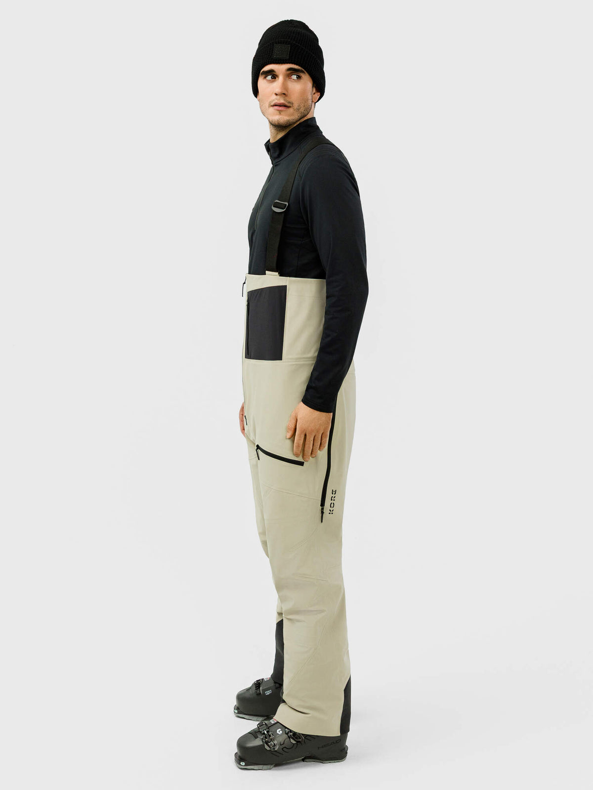 HEAD KORE Bib Pants Mens Ski Bibs in Cream - on model side