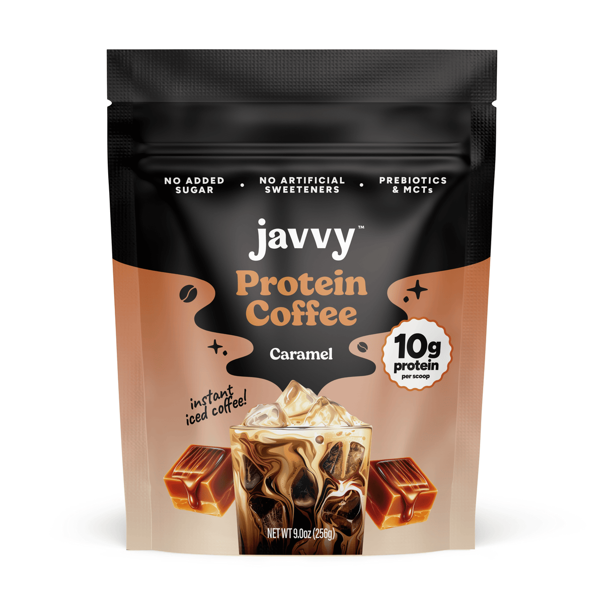 Javvy Caramel Protein Instant Coffee, Case of 6, 9 oz Containers