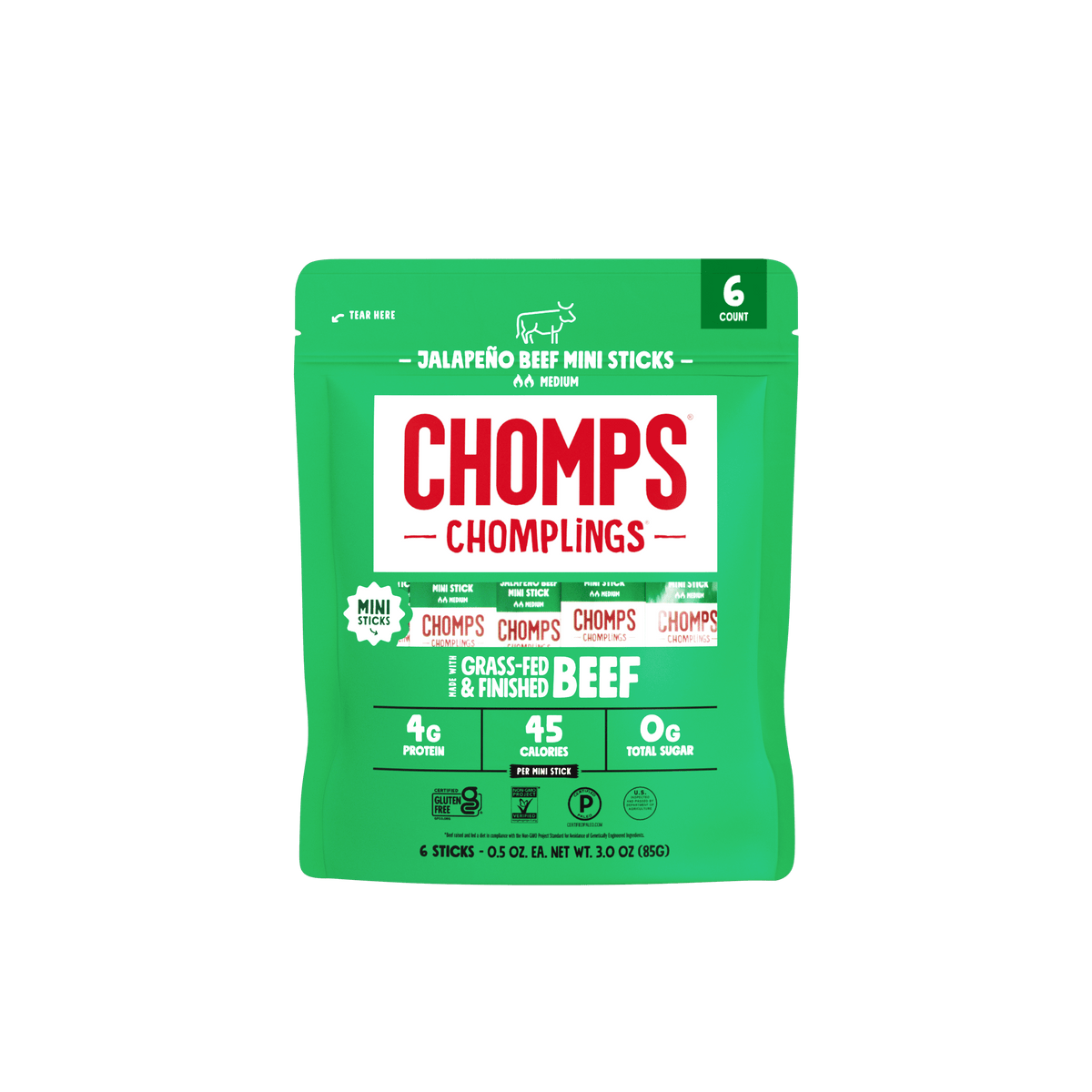 Chomps Mini Jalapeno Beef Sticks, Case of 10, 3 Ounce