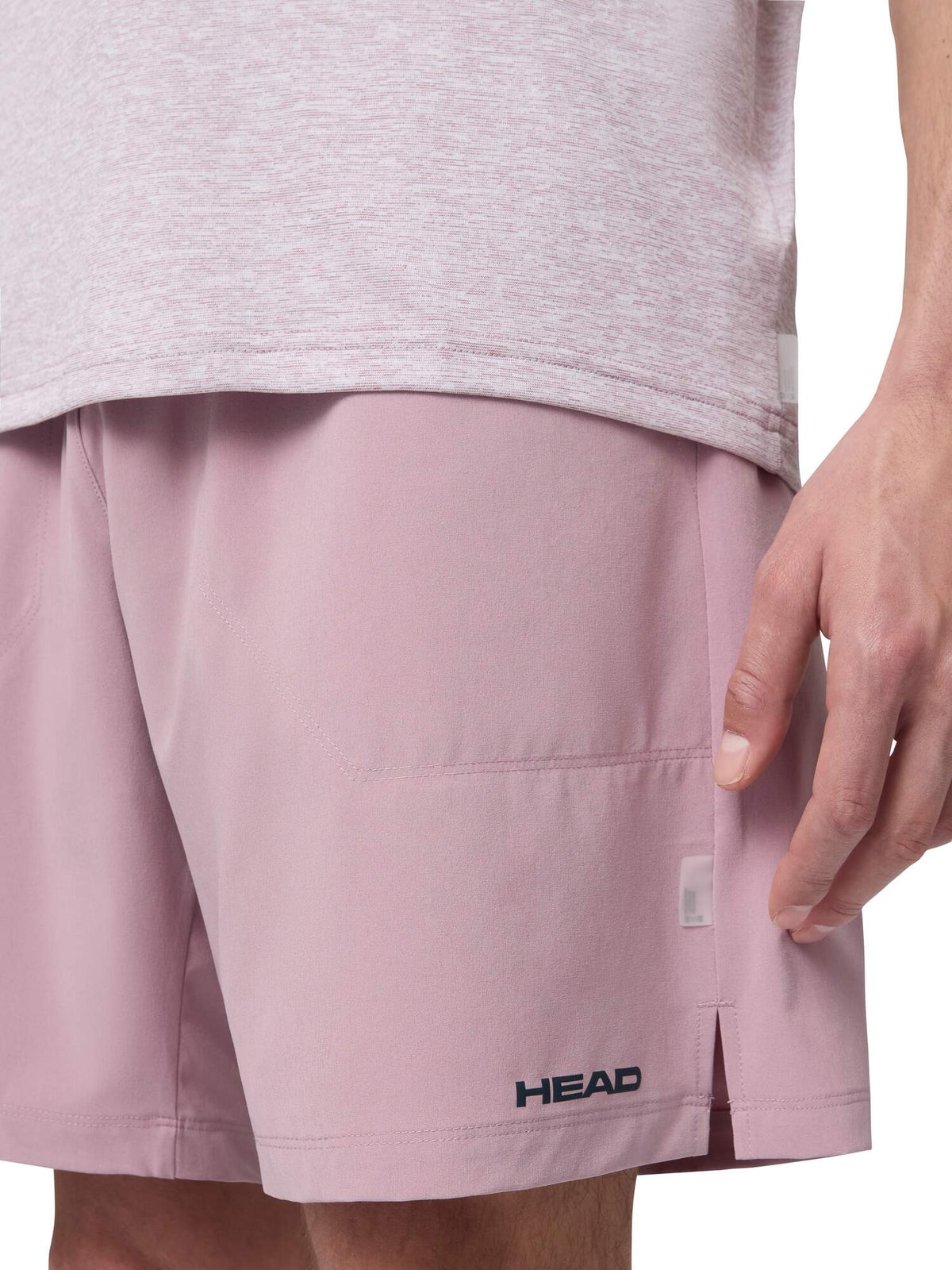 HEAD PLAY Mens Tennis Shorts in Dirty Lilac - detail on model