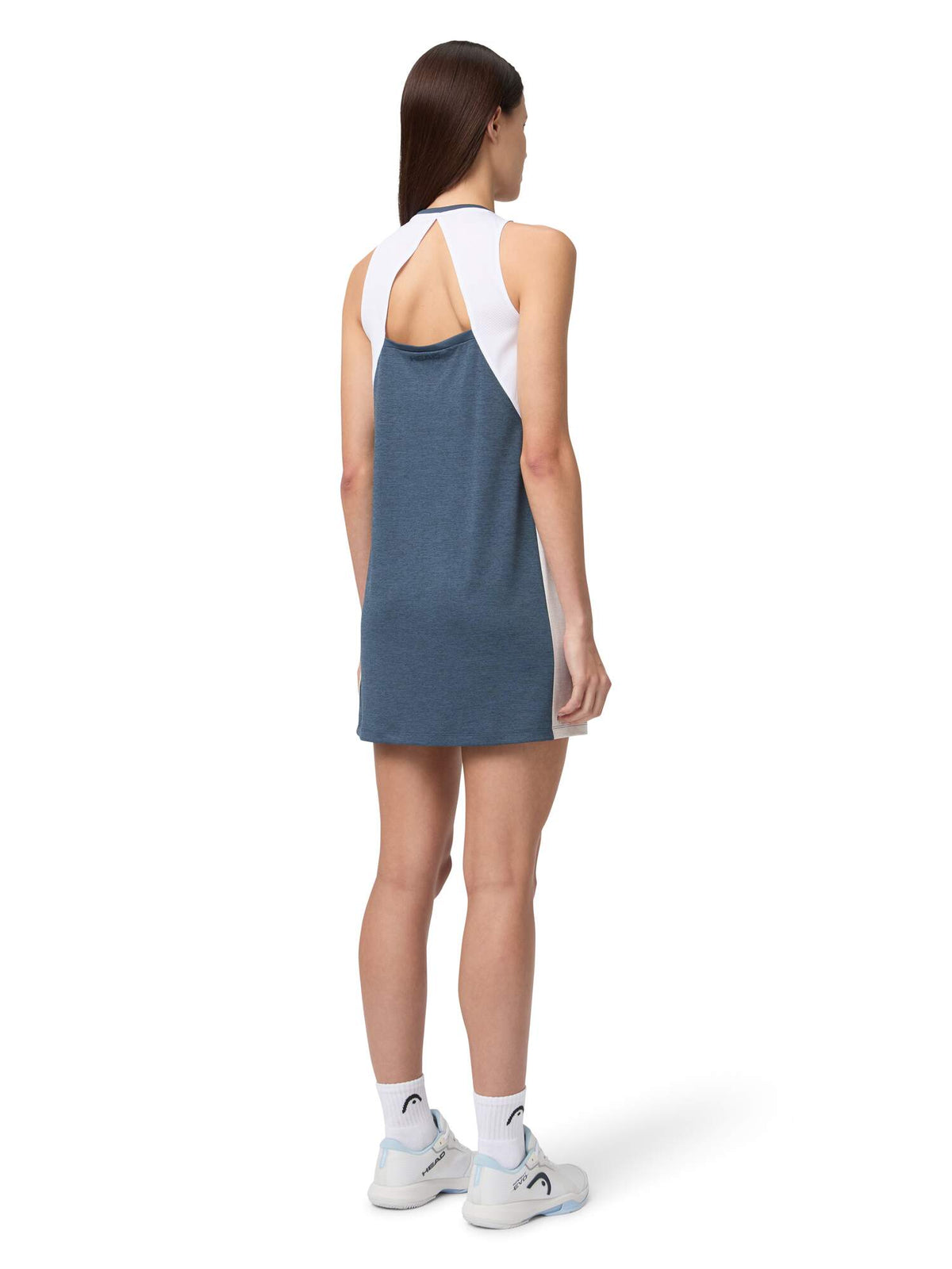HEAD PLAY Tech Womens Tennis Dress in Navy - model back view