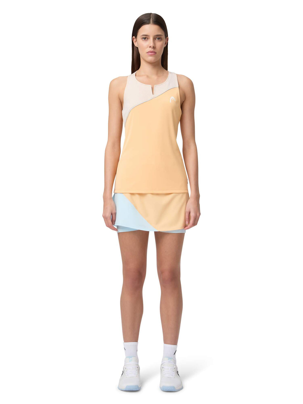 HEAD SPIRIT Womens Tennis Tank Top in Apricot/Light Blue - model front view