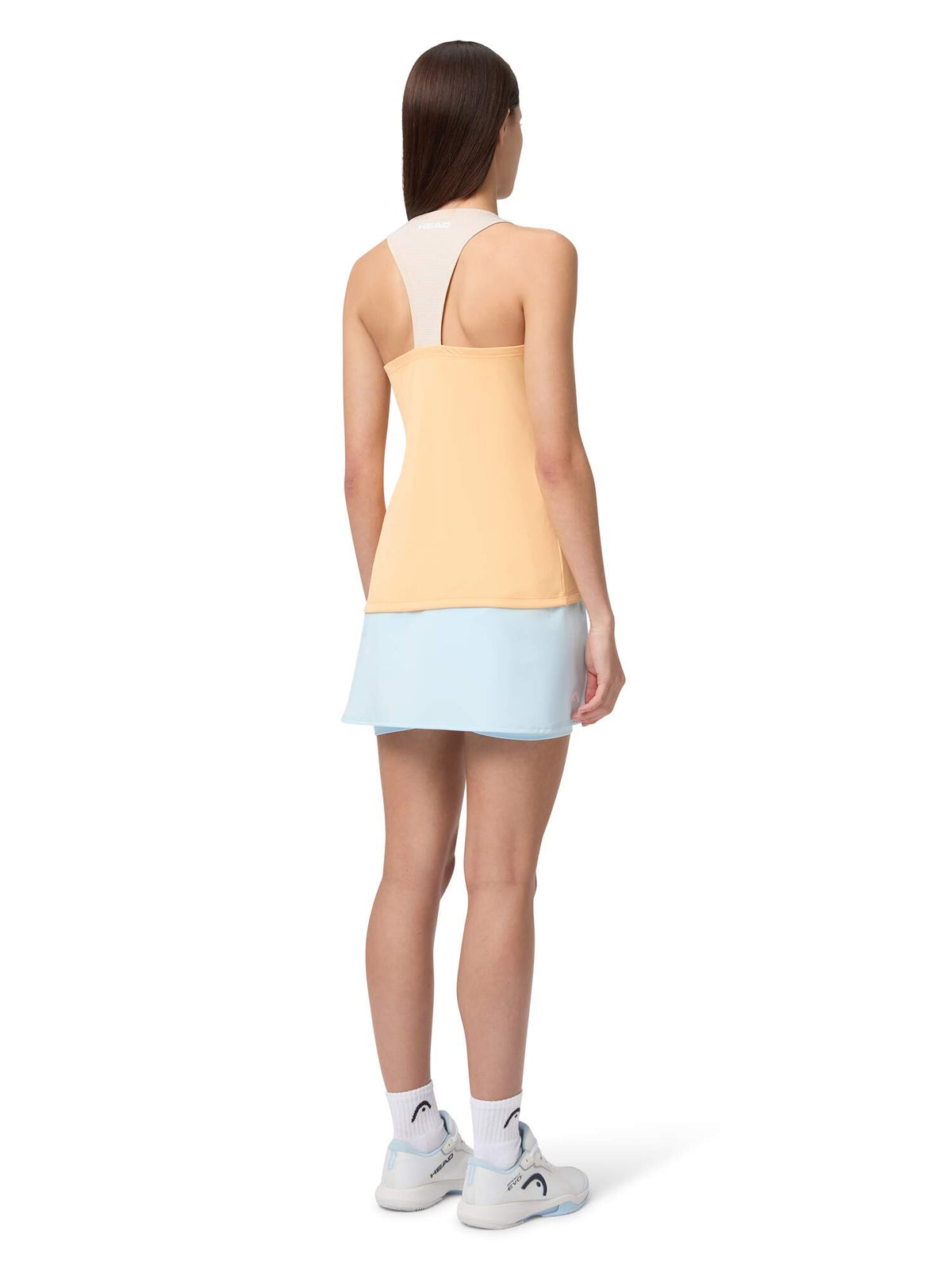 HEAD SPIRIT Womens Tennis Tank Top in Apricot/Light Blue - model back view