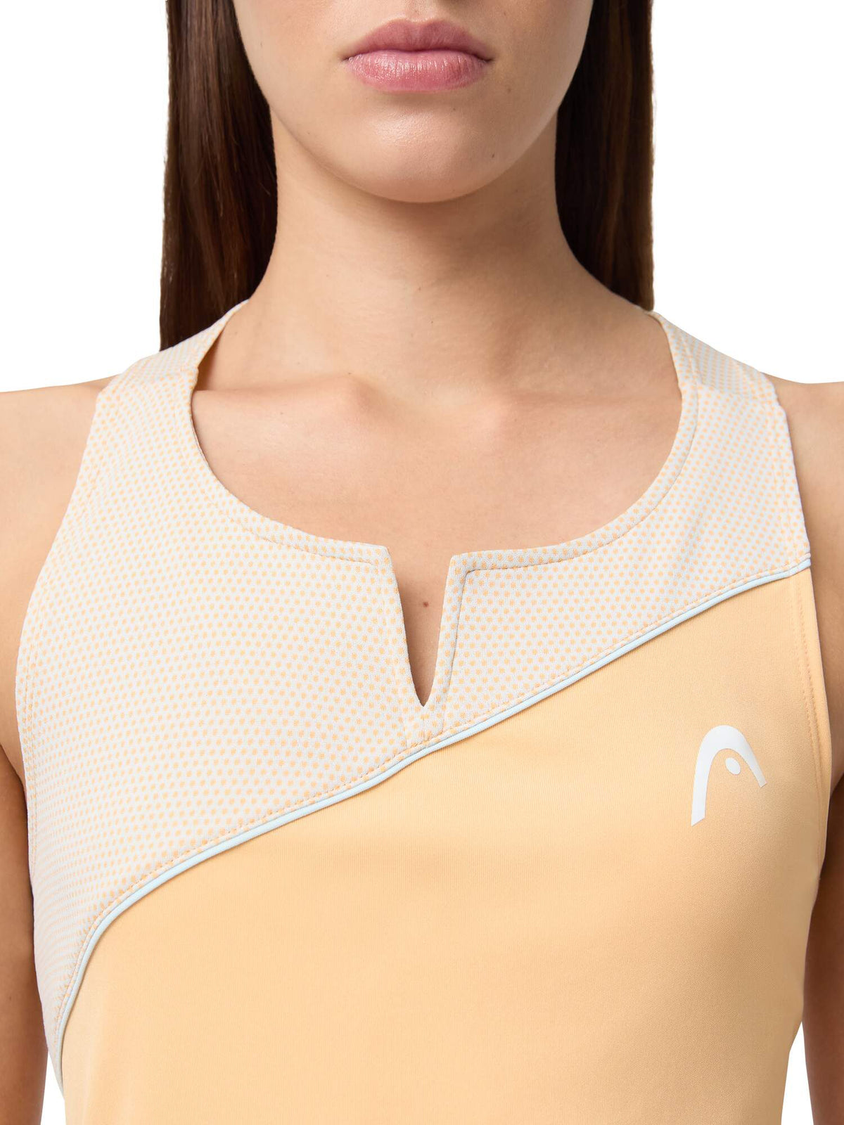 HEAD SPIRIT Womens Tennis Tank Top in Apricot/Light Blue - neckline detail