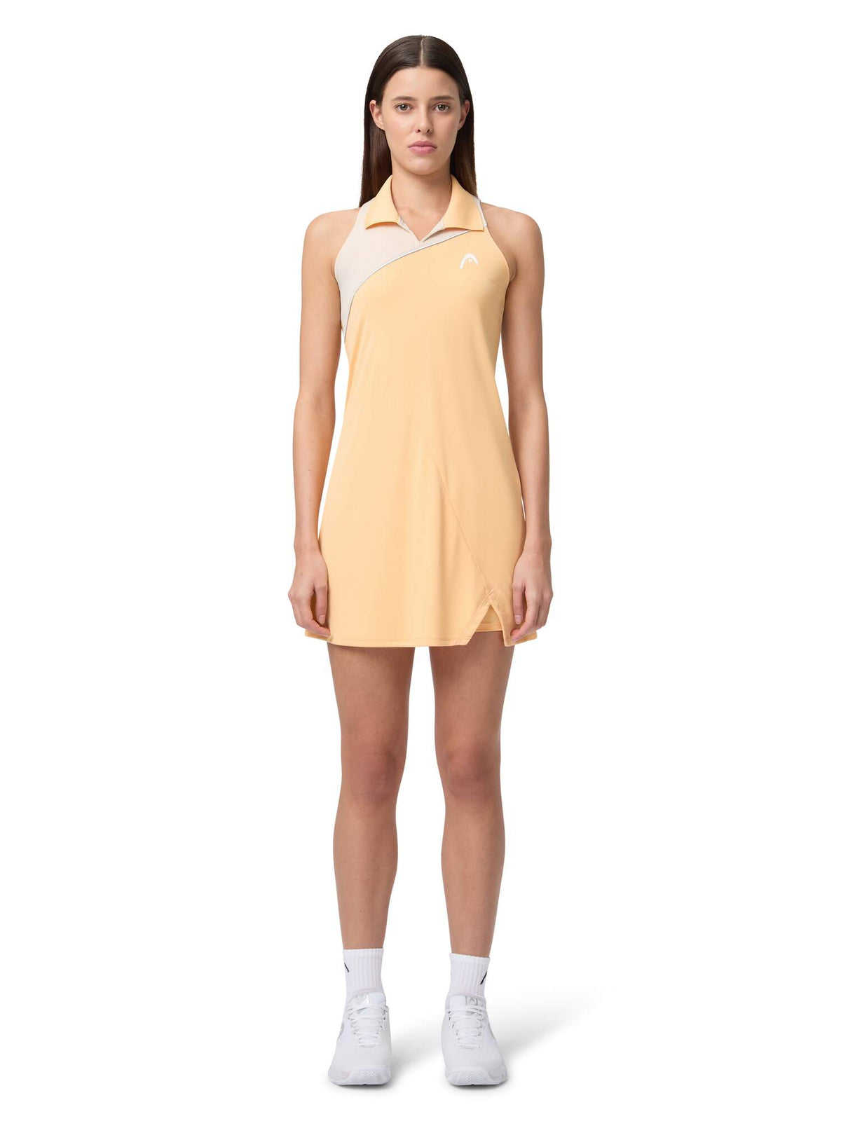 HEAD SPIRIT Womens Tennis Dress in Apricot/Light Blue - model front view