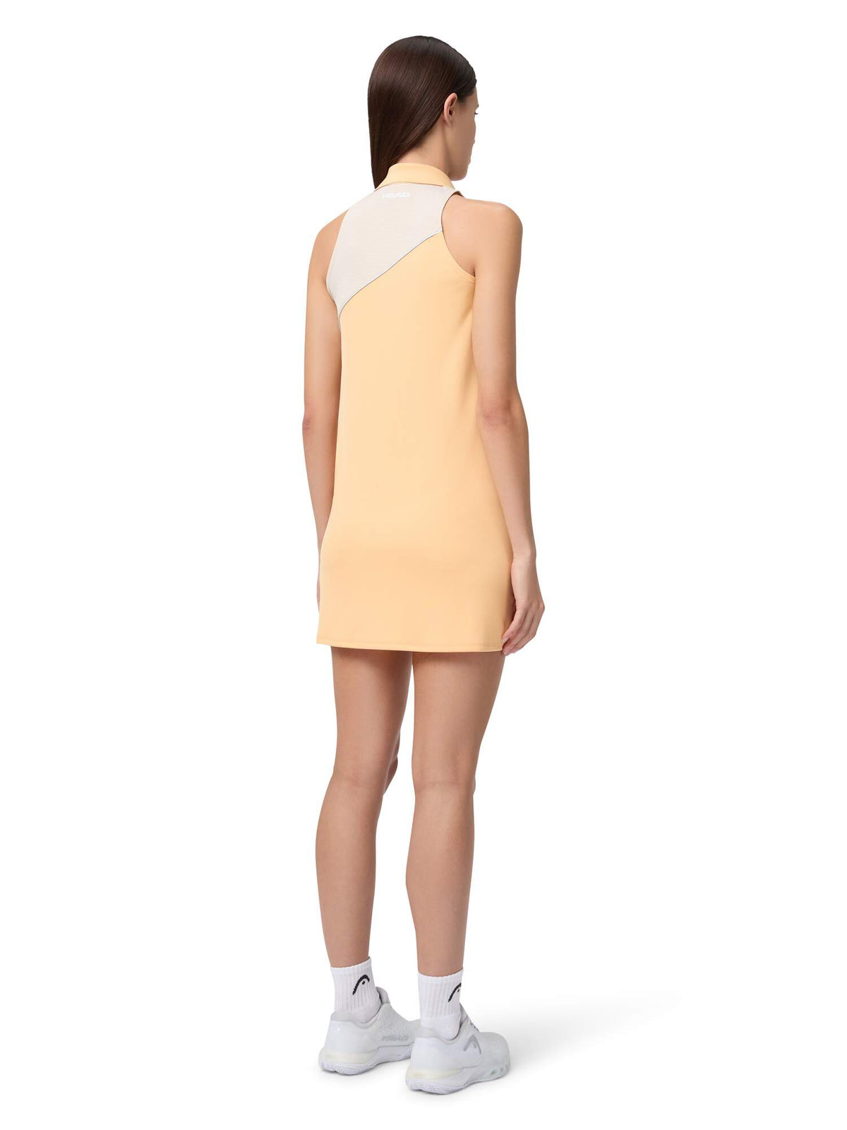 HEAD SPIRIT Womens Tennis Dress in Apricot/Light Blue - model back view