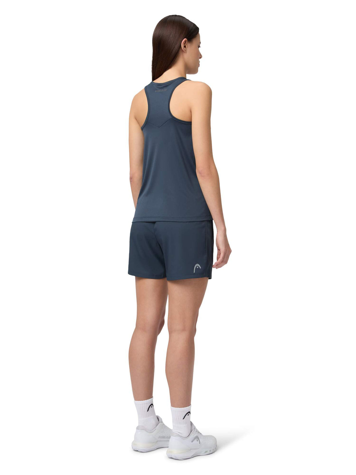 HEAD CLUB Womens Tennis Shorts in Navy - model back view