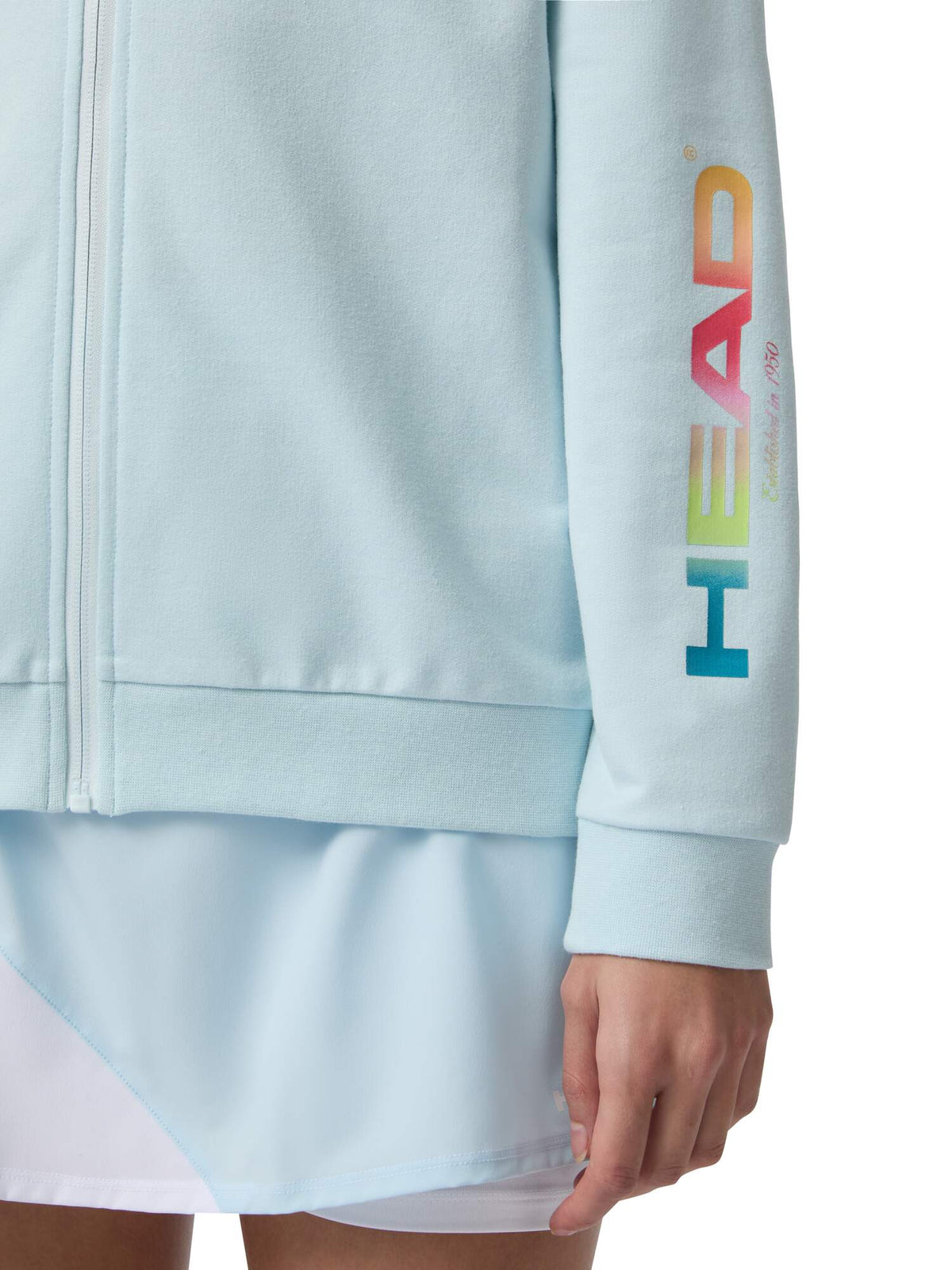 HEAD RALLY Full-Zip Womens Tennis Hoodie in Light Blue - model close-up