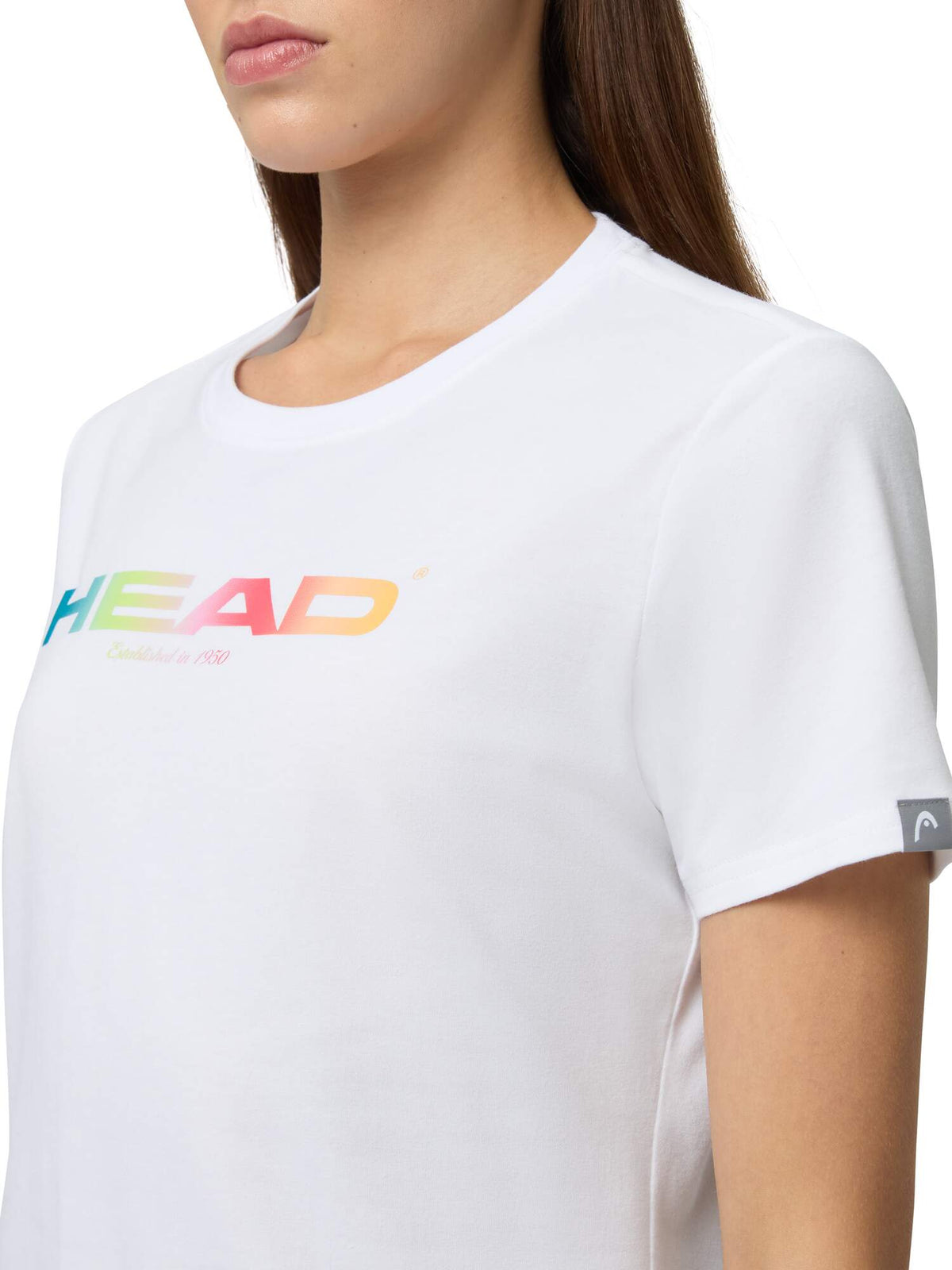 HEAD RAINBOW Womens Tennis T-Shirt in White - detail on model