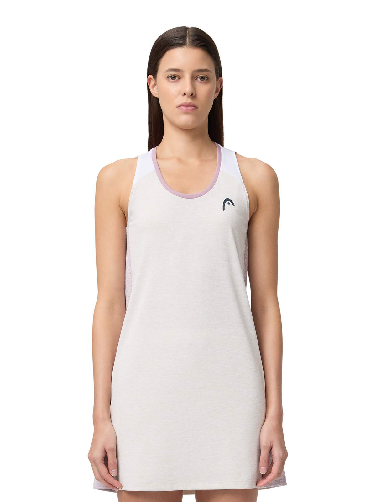 HEAD PLAY Tech Womens Tennis Dress in White - model close-up
