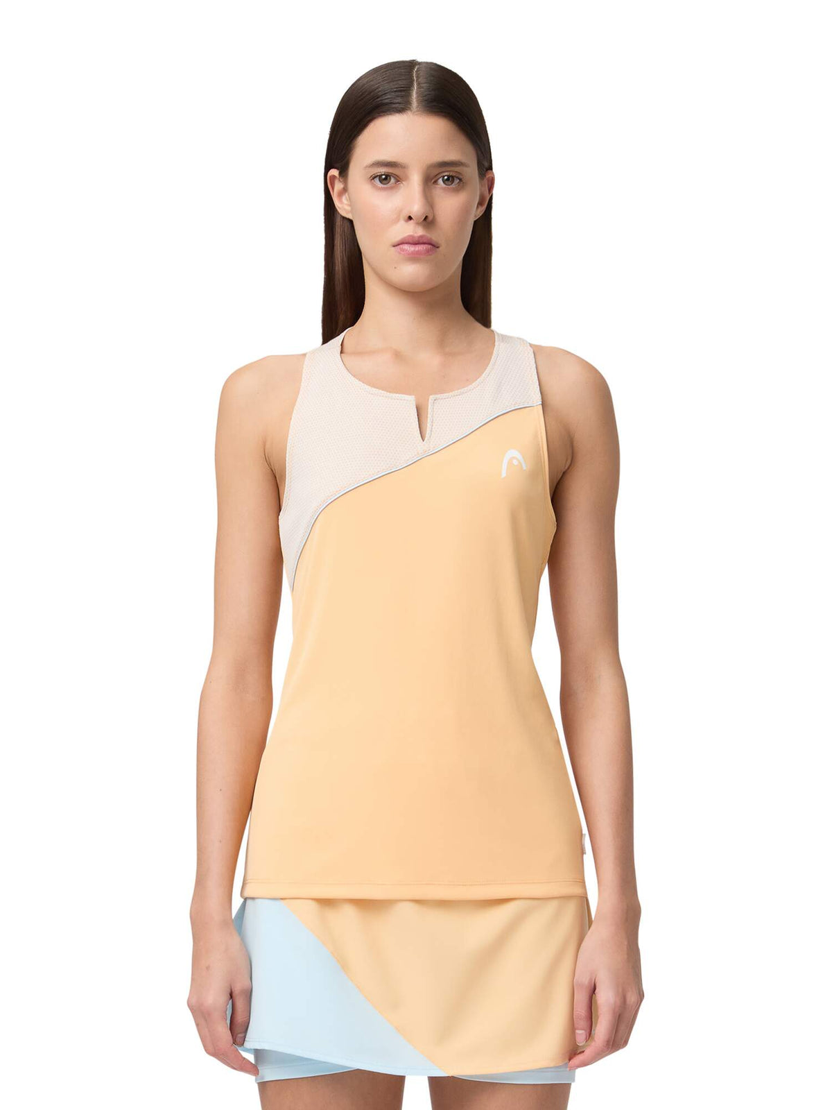 HEAD SPIRIT Womens Tennis Tank Top in Apricot/Light Blue - model close-up