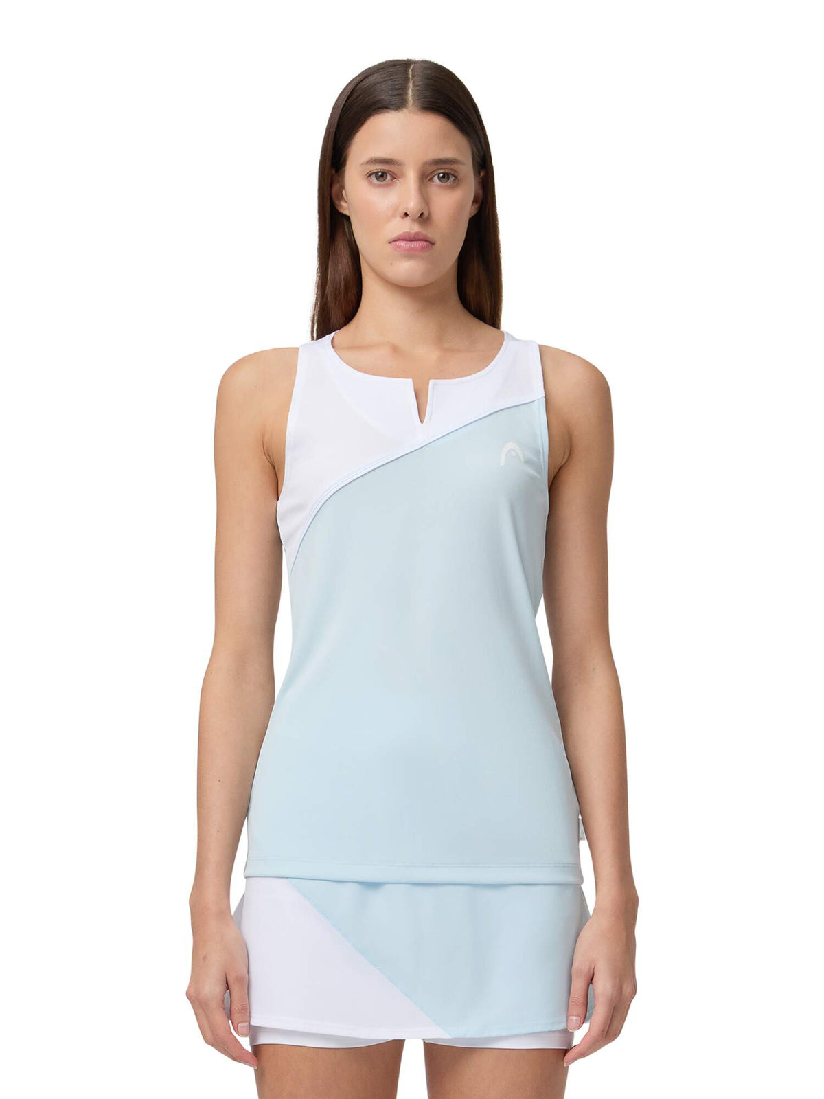 HEAD SPIRIT Womens Tennis Tank Top in Light Blue/White - model close-up