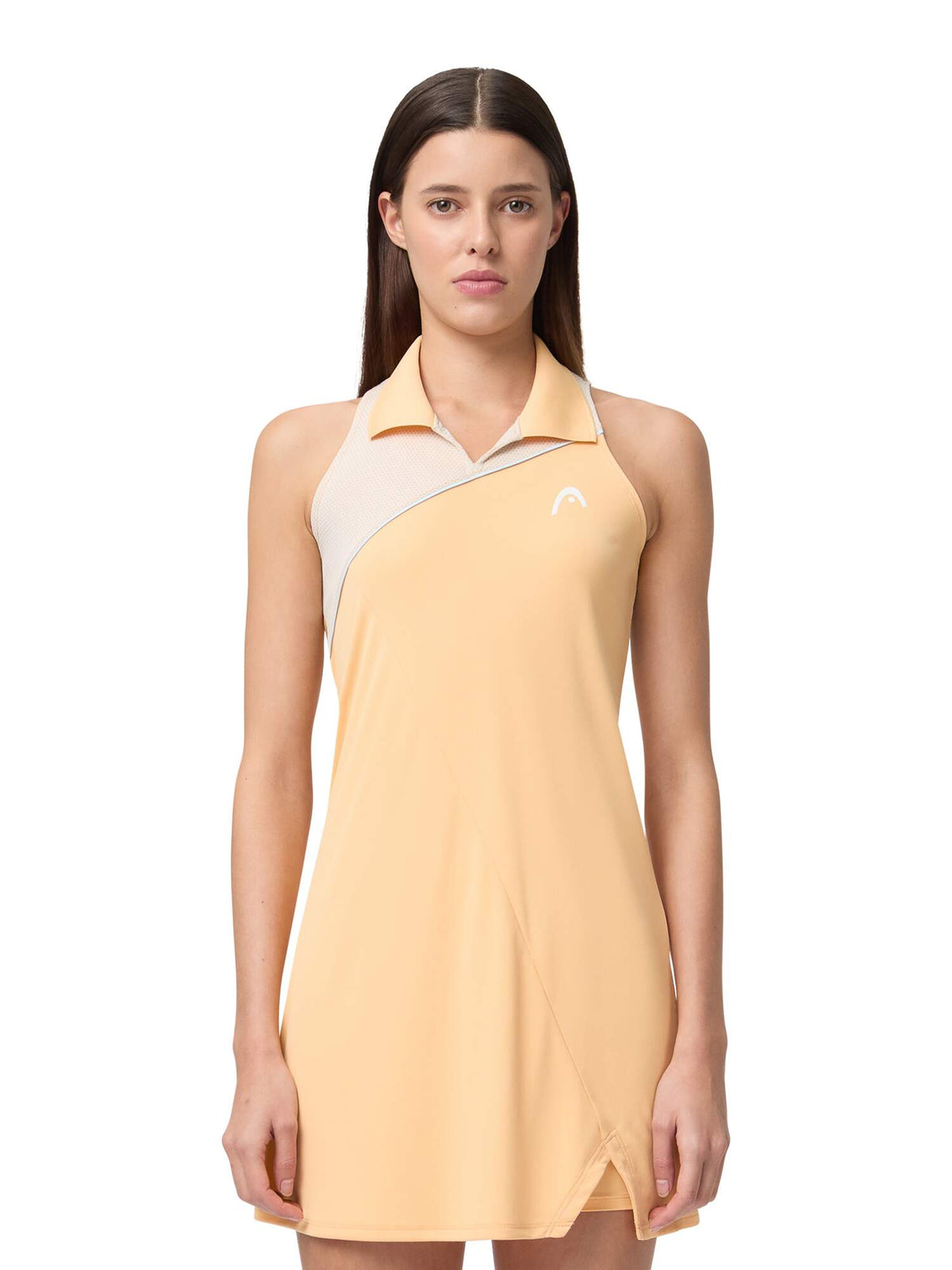 HEAD SPIRIT Womens Tennis Dress in Apricot/Light Blue - model three quarter view