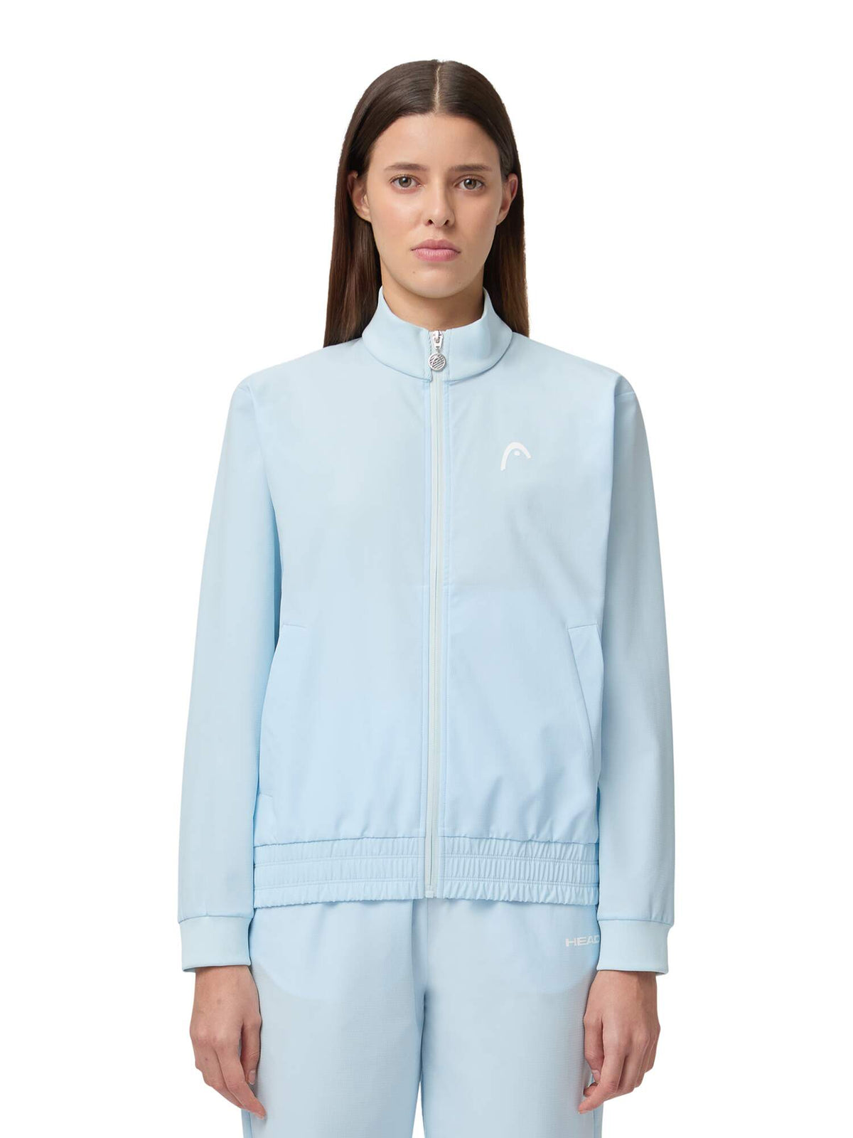 HEAD BREAKER Womens Tennis Jacket in Light Blue - model front close-up