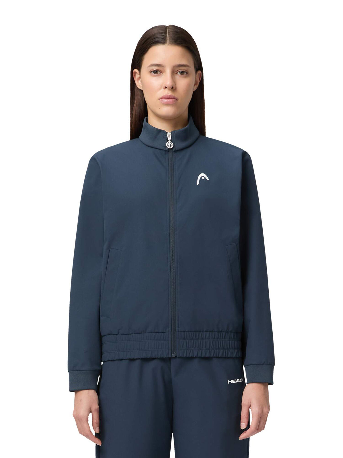HEAD BREAKER Womens Tennis Jacket in Navy - model front close-up