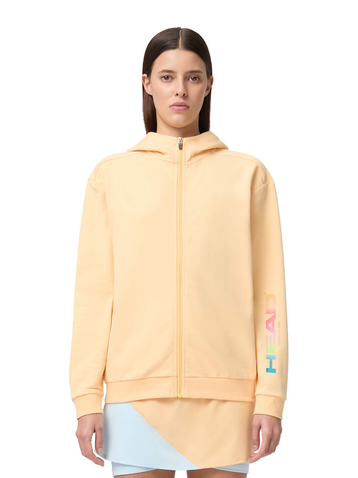 HEAD RALLY Full-Zip Womens Tennis Hoodie in Apricot - model front close-up