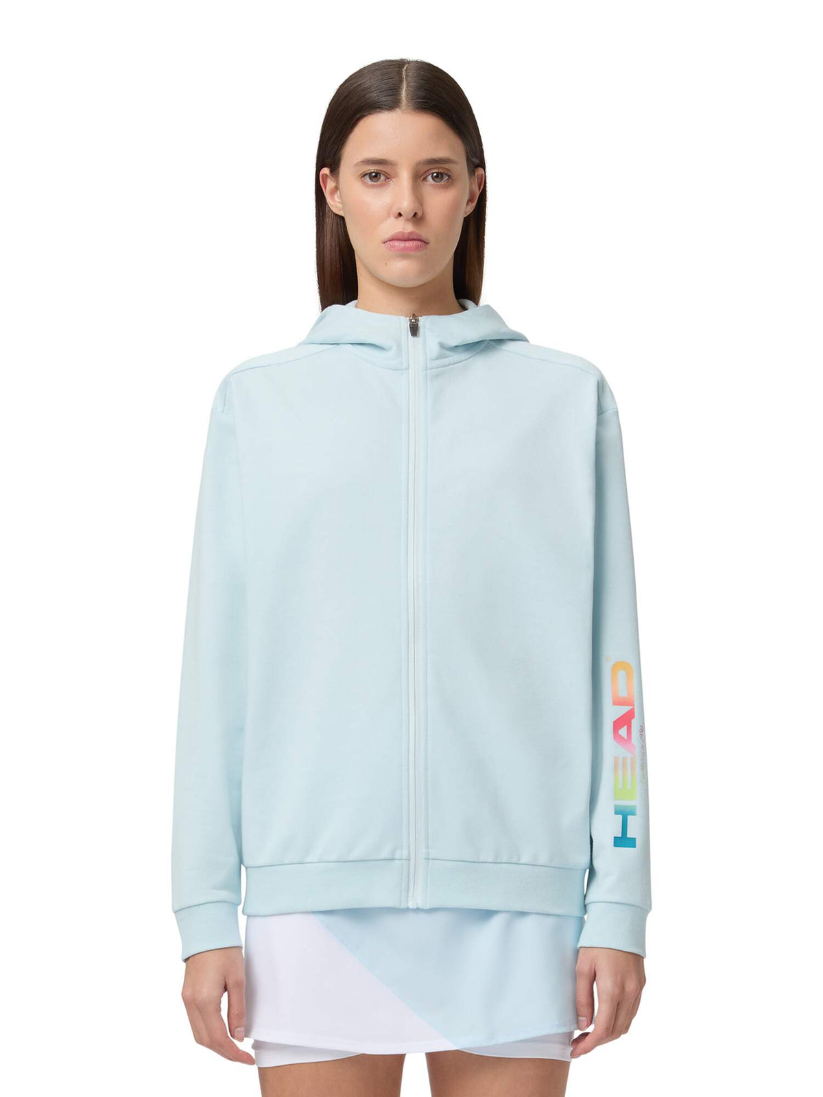 HEAD RALLY Full-Zip Womens Tennis Hoodie in Light Blue - model front close-up