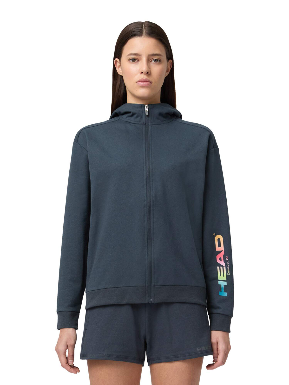 HEAD RALLY Full-Zip Womens Tennis Hoodie in Navy - model front close-up