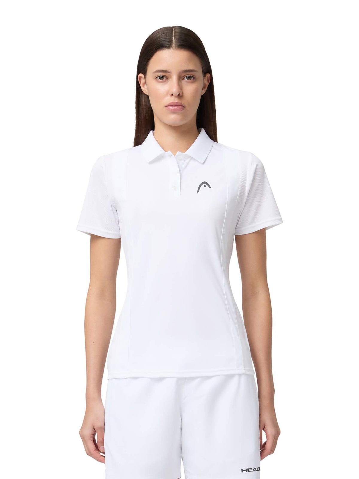 HEAD CLUB 25 TECH Womens Tennis Polo Shirt in White - model close-up