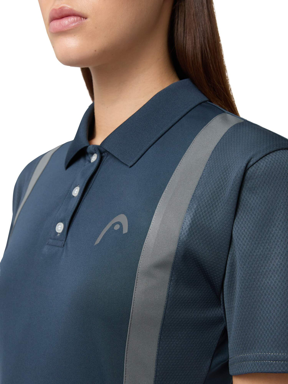HEAD CLUB 25 TECH Womens Tennis Polo Shirt in Navy - model close-up