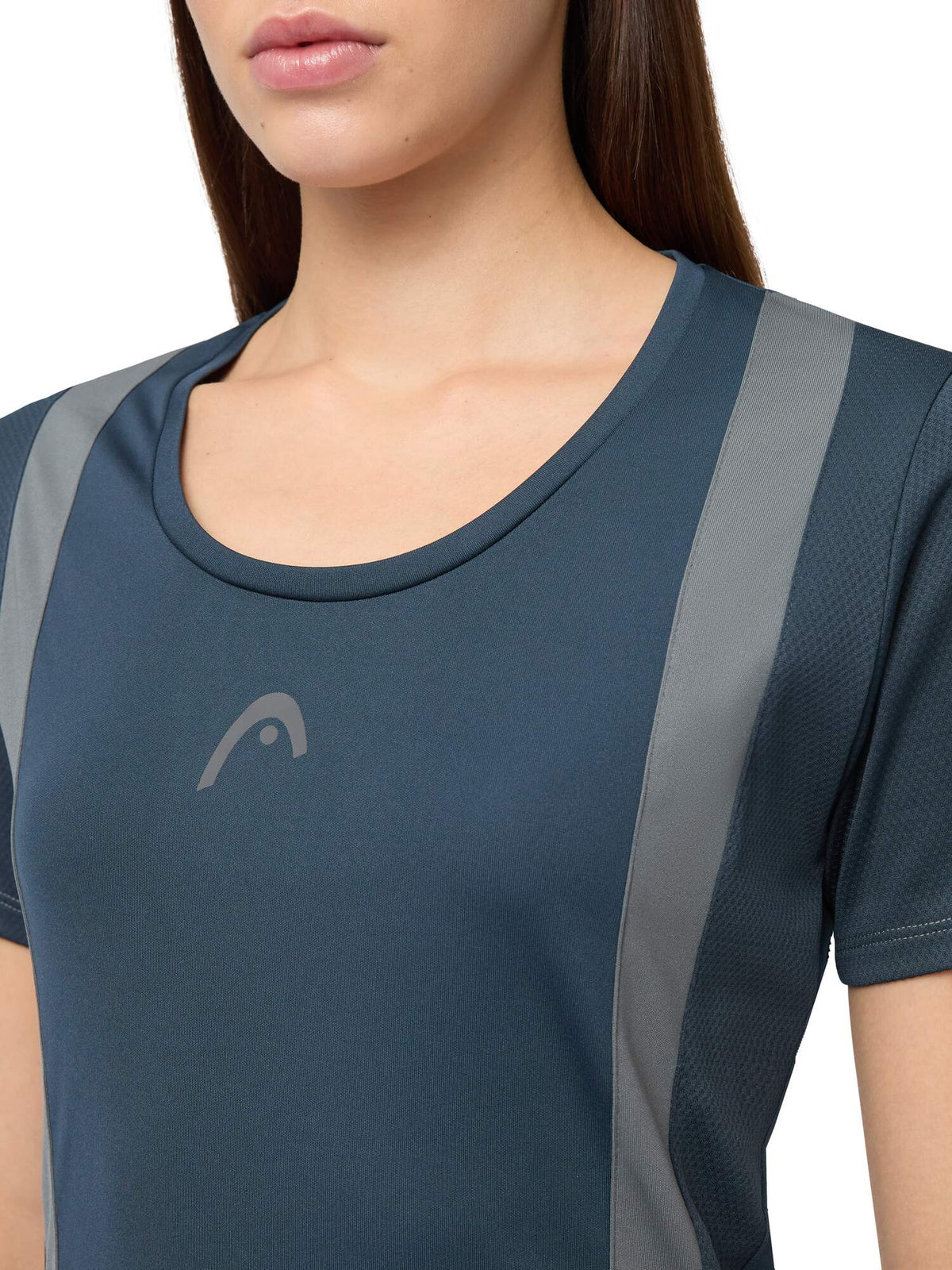HEAD CLUB 25 TECH Womens Tennis T-Shirt Navy in Navy - detail on model