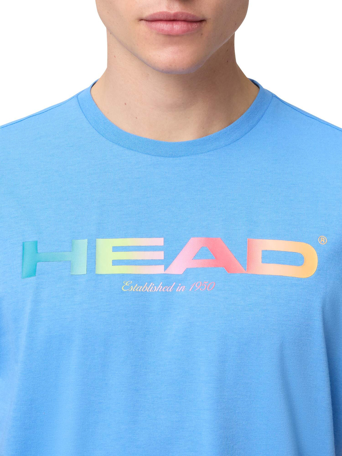 HEAD RAINBOW Mens Tennis T-Shirt in Airforce Blue - model close-up