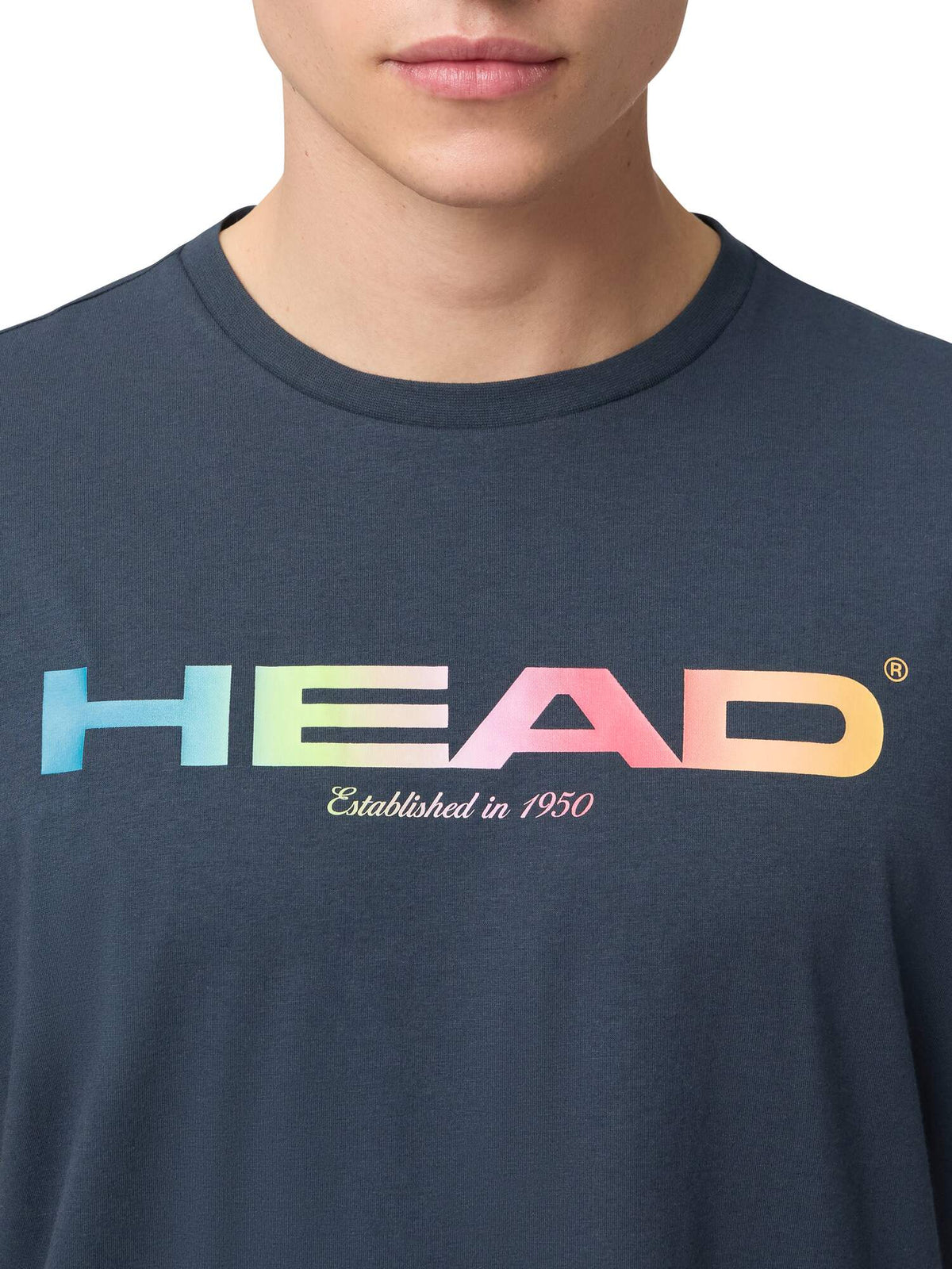 HEAD RAINBOW Mens Tennis T-Shirt in Navy - model close-up