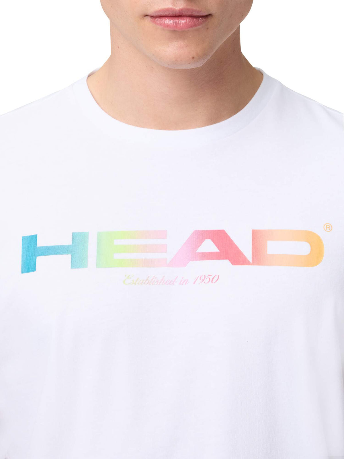 HEAD RAINBOW Mens Tennis T-Shirt in White - model close-up