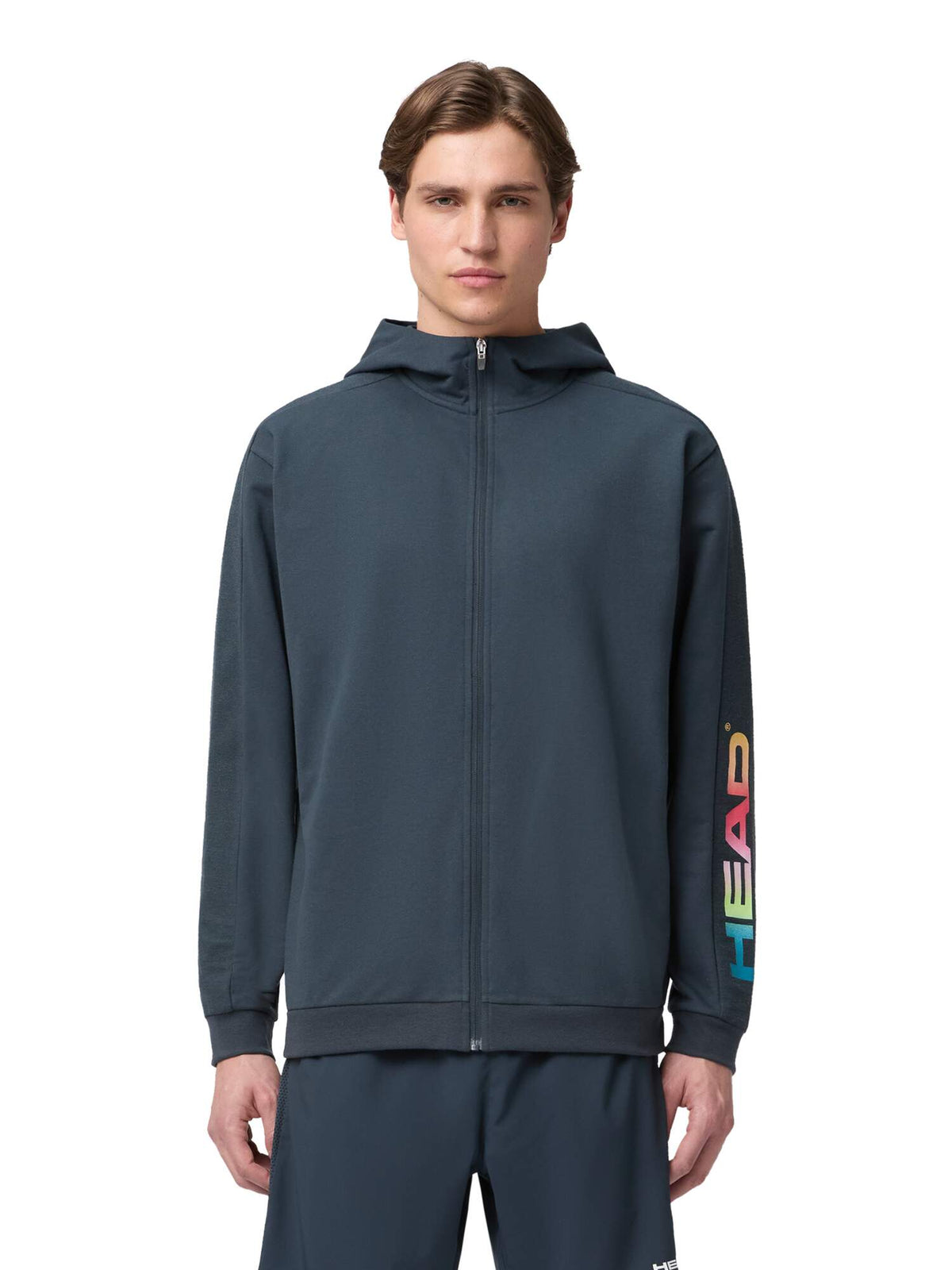 HEAD RALLY Mens Full-Zip Tennis Hoodie in Navy - model close-up