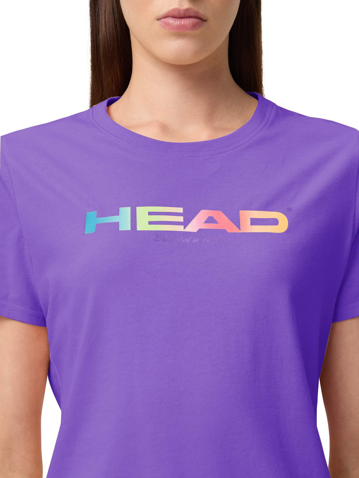 HEAD RAINBOW Womens Tennis T-Shirt in Purple - detail on model