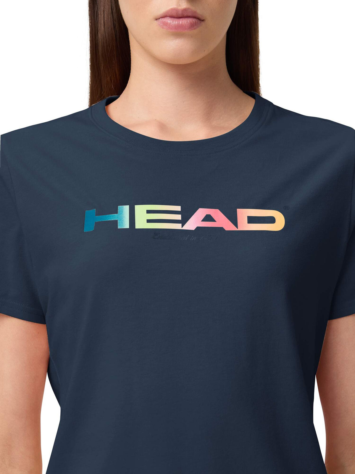 HEAD RAINBOW Womens Tennis T-Shirt in Navy - detail on model
