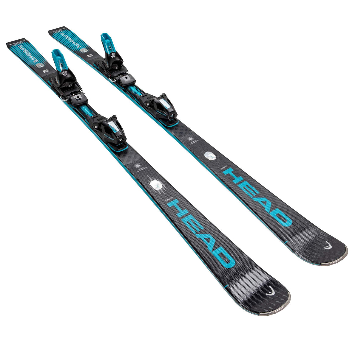 HEAD Supershape e-Speed Skis with Protector EVO PR 13 GW Bindings in Black - angled view with bindings