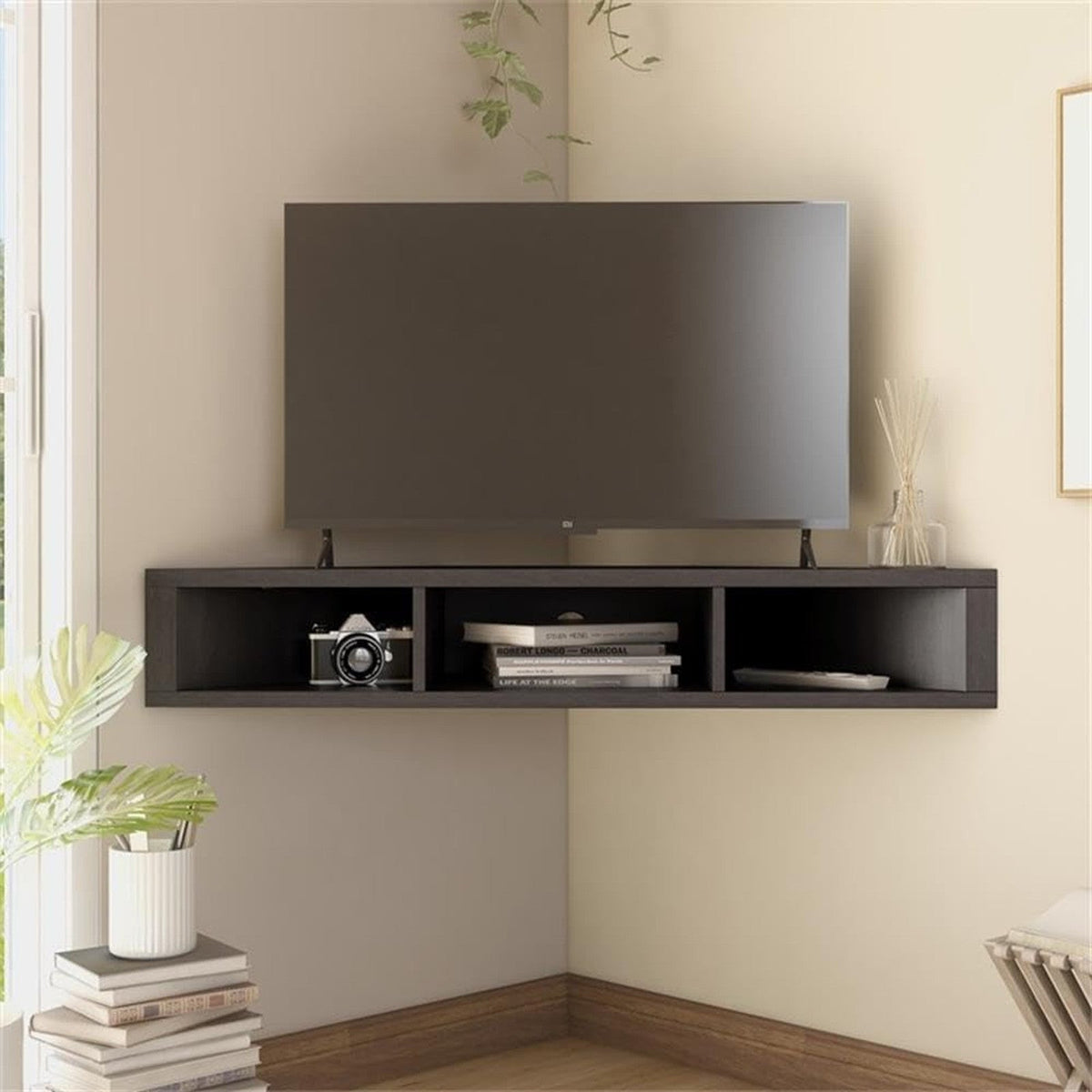 Corner Floating TV Stand with 3 Open Shelves - View 6