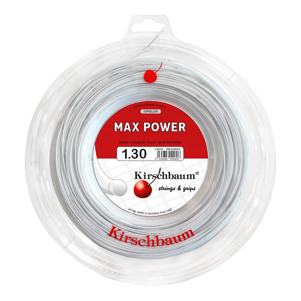 Kirschbaum Max Power Tennis String Reel, 660 ft in 1.30mm / 16G White - Front View