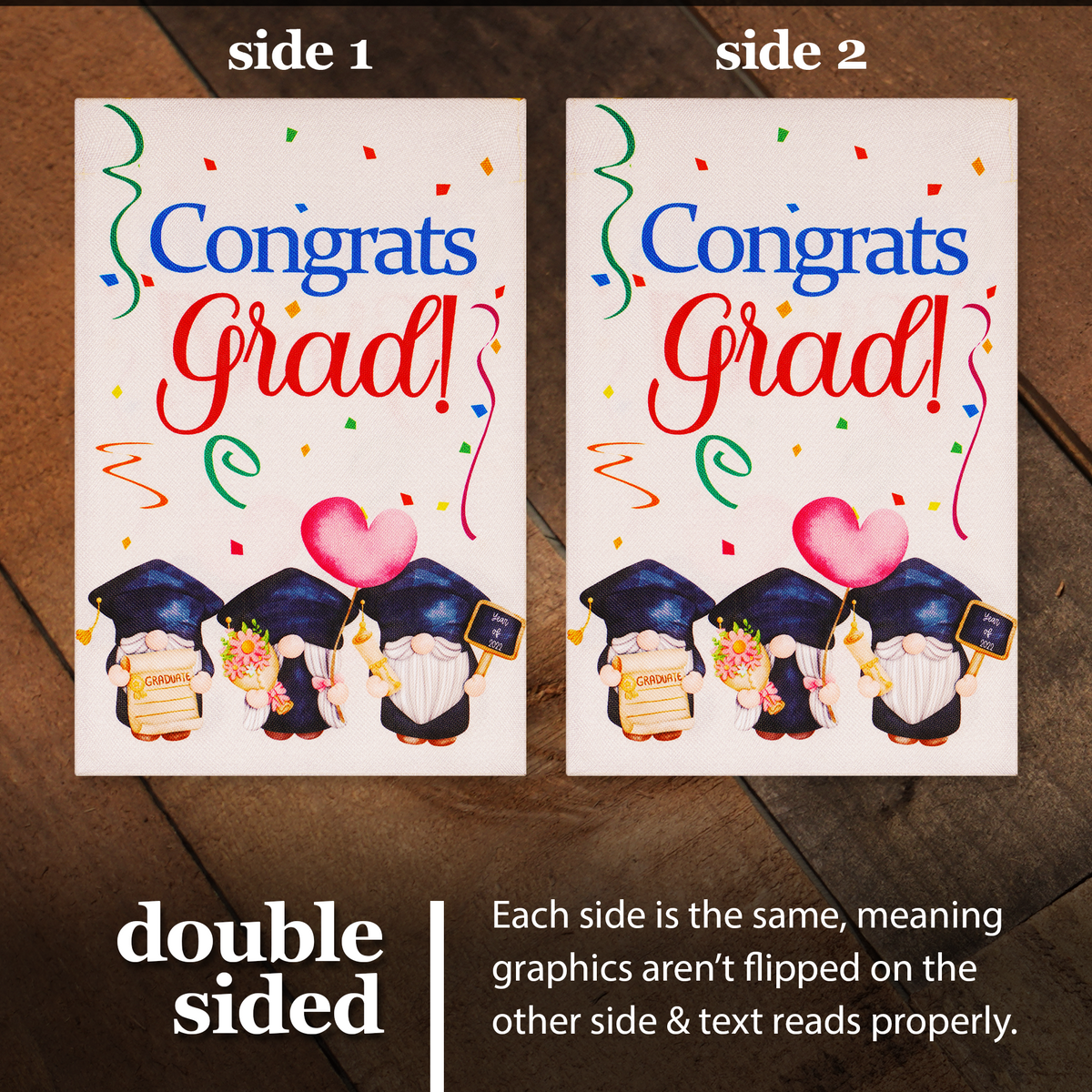 G128 Garden Flag Congrats Grad Three Gnomes Graduating 12"x18" Burlap Fabric - View 3